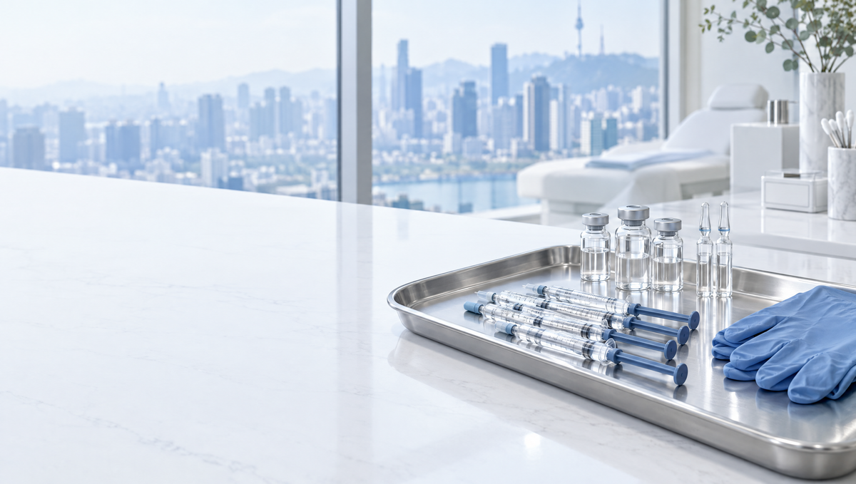 Unbranded hyaluronic acid filler syringes and vials on a tray in a Seoul aesthetic clinic