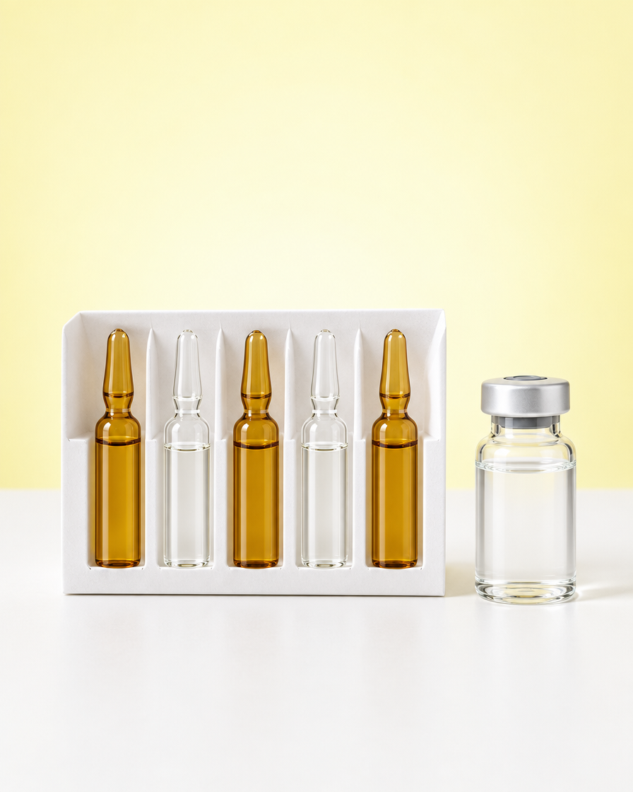 Fat-dissolving injection ampoules and a vial on a white surface