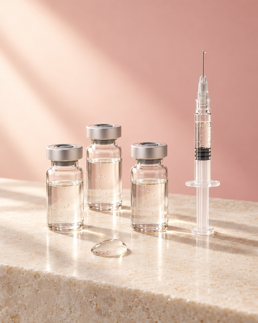 Skin booster vials and a prefilled syringe on an ivory surface