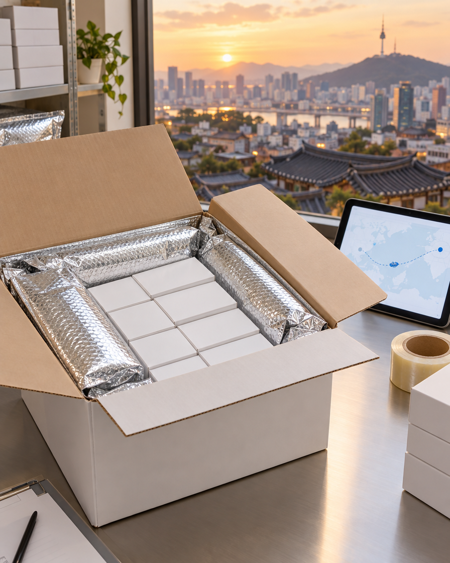 Export carton with cold-chain packs being prepared for shipping from Seoul